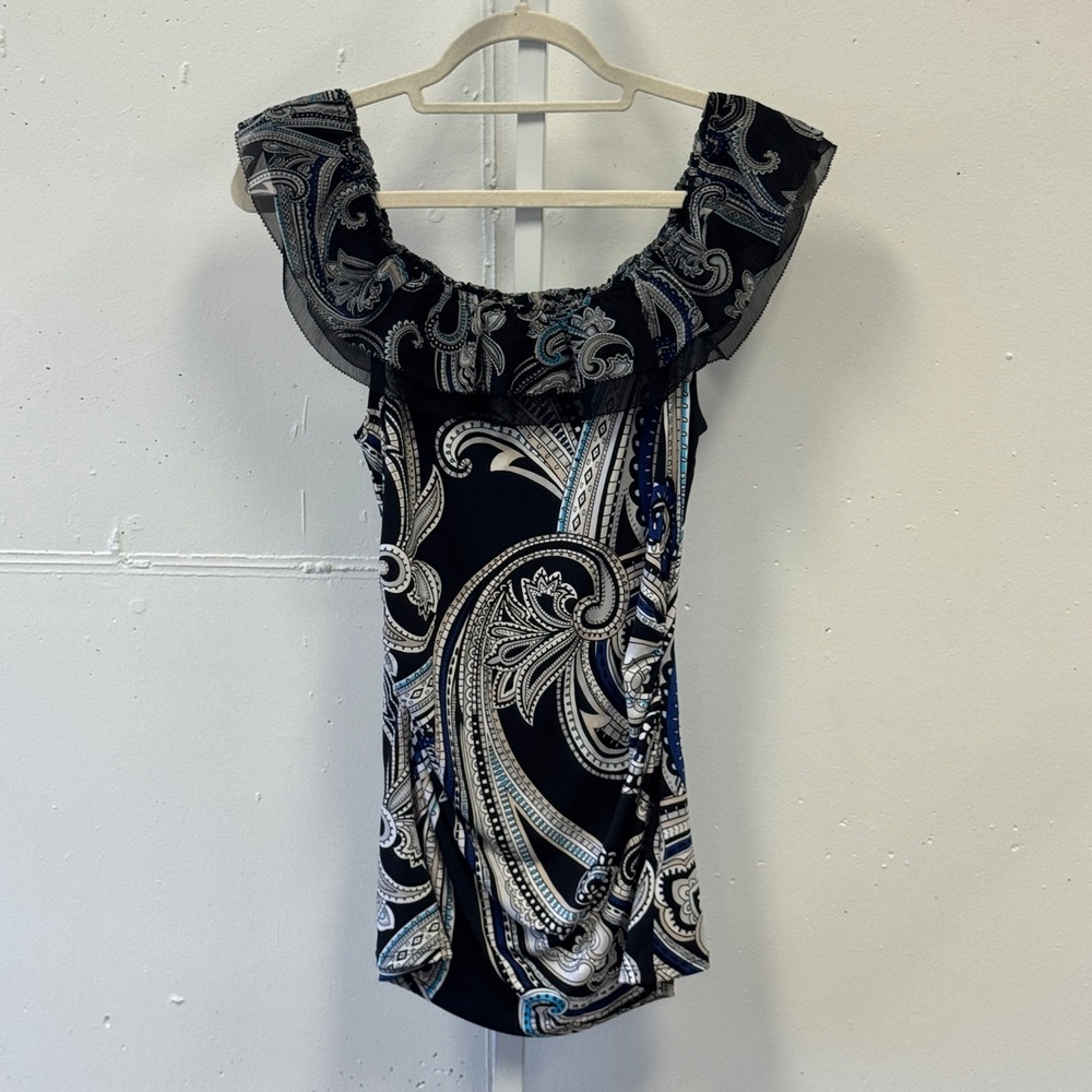 2010s White House Black Market Paisley Ruffle Neck Ruched Longline Top Small